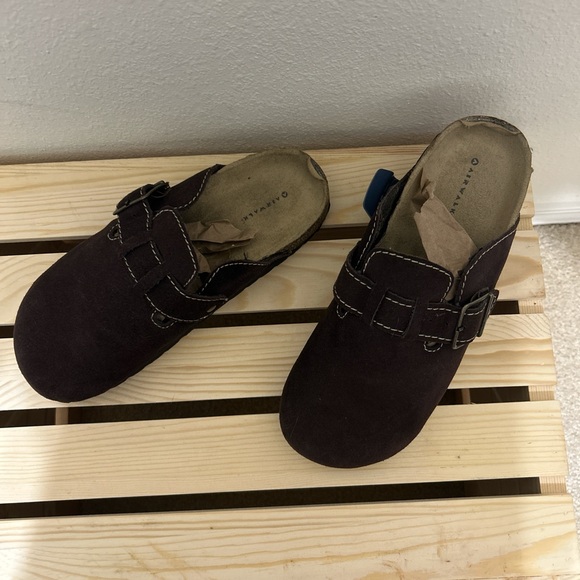 Airwalk Chocolate Brown Suede Leather Clogs with Buckle Detail - Picture 4 of 5